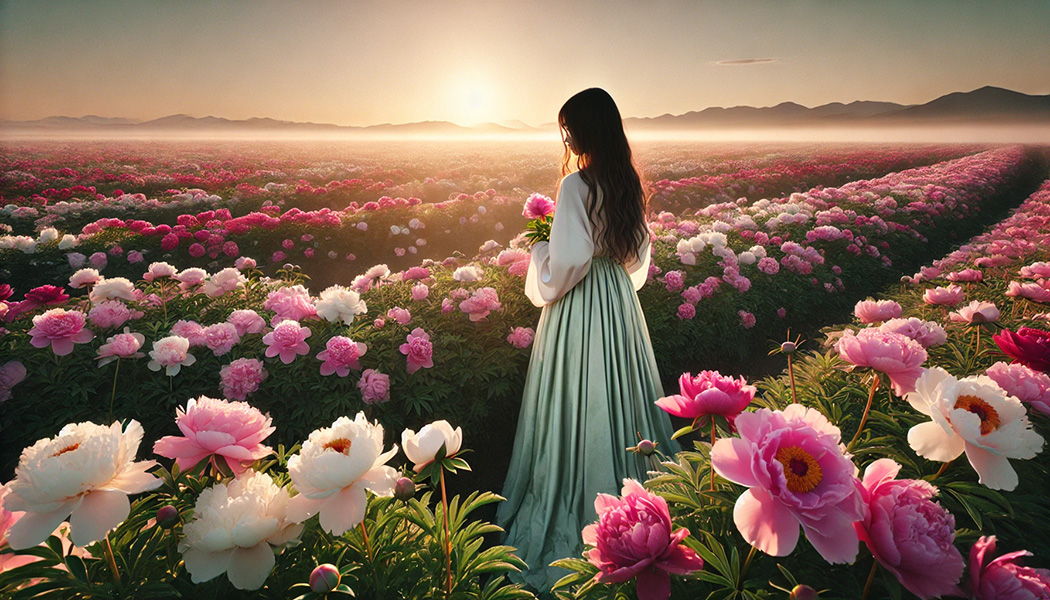 A girl standing in a field of peonies.